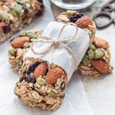 Homemade granola energy bars with figs, oatmeal, almond, dry cra